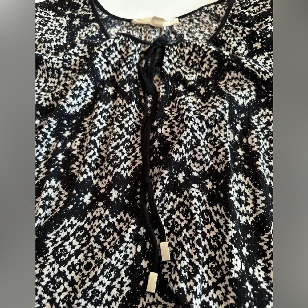 Lovestitch Black and White Boho Long Blouse Flare Sleeve Tie Front size Medium - Picture 9 of 10